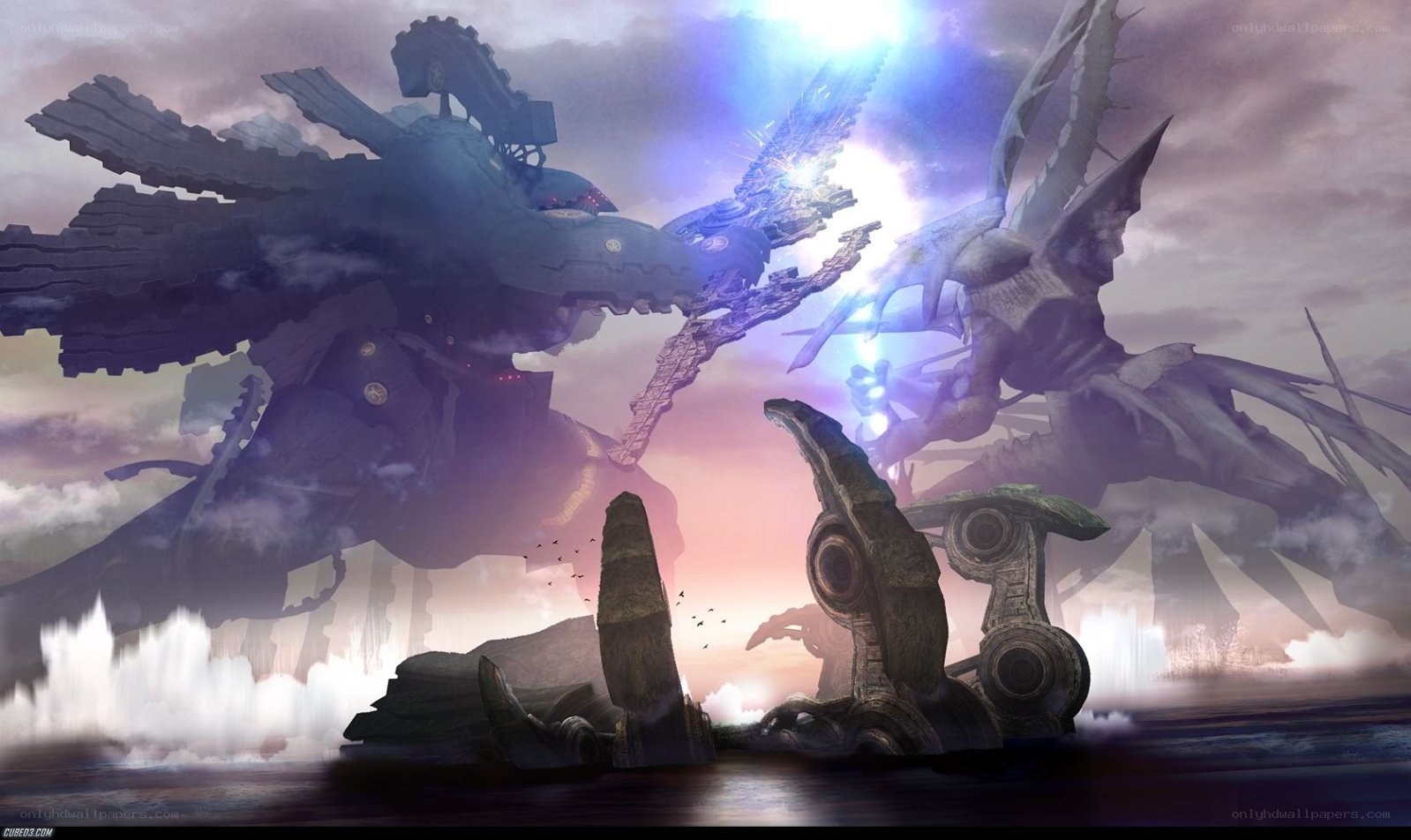 giant mechs clash in sky