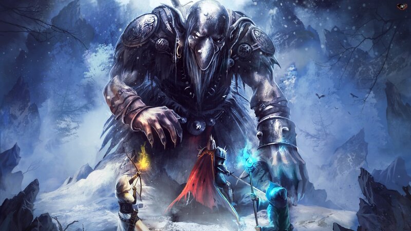 Giant Monster and Adventurers — Blue, Dramatic, Winter, Digital Art
