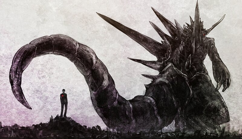 giant monster and lone figure