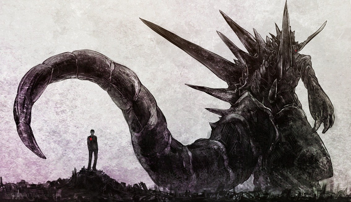 giant monster and lone figure