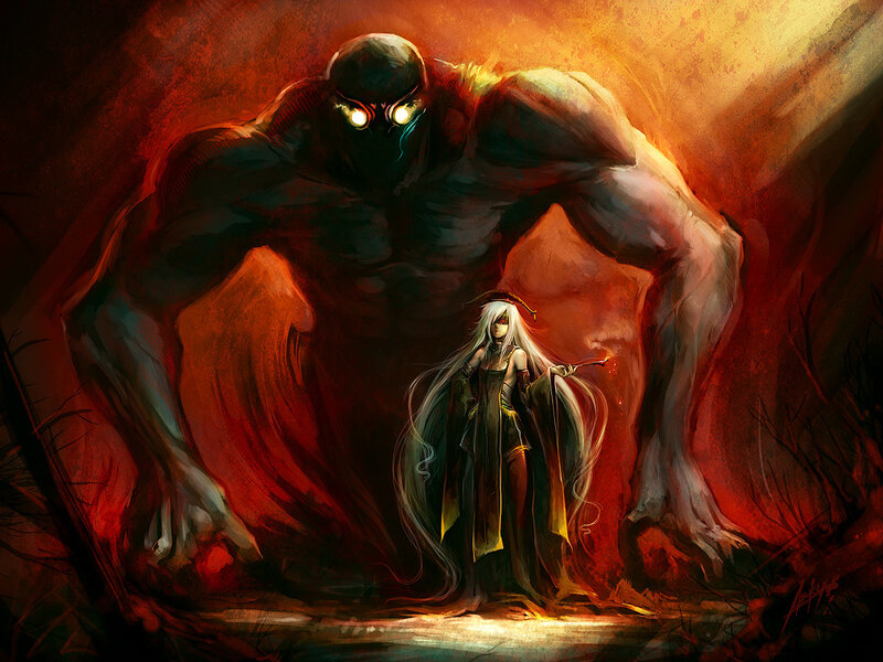 Giant monster and warrior