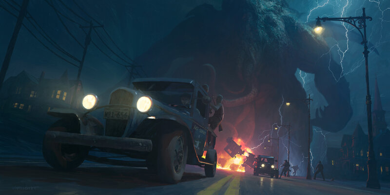 Giant Monster Attacking City — Blue, Dramatic, Night