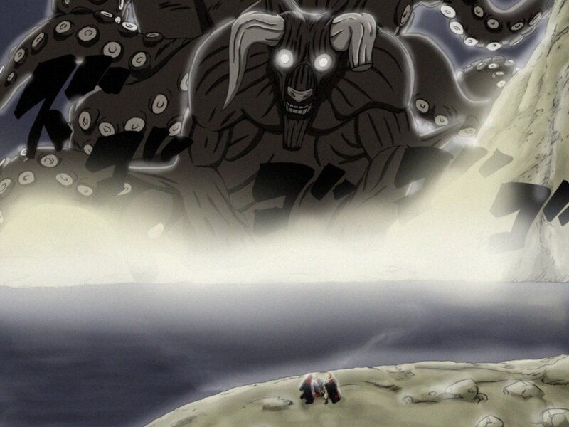 Giant monster confronts two figures