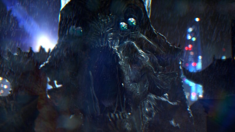 giant monster in rainy city