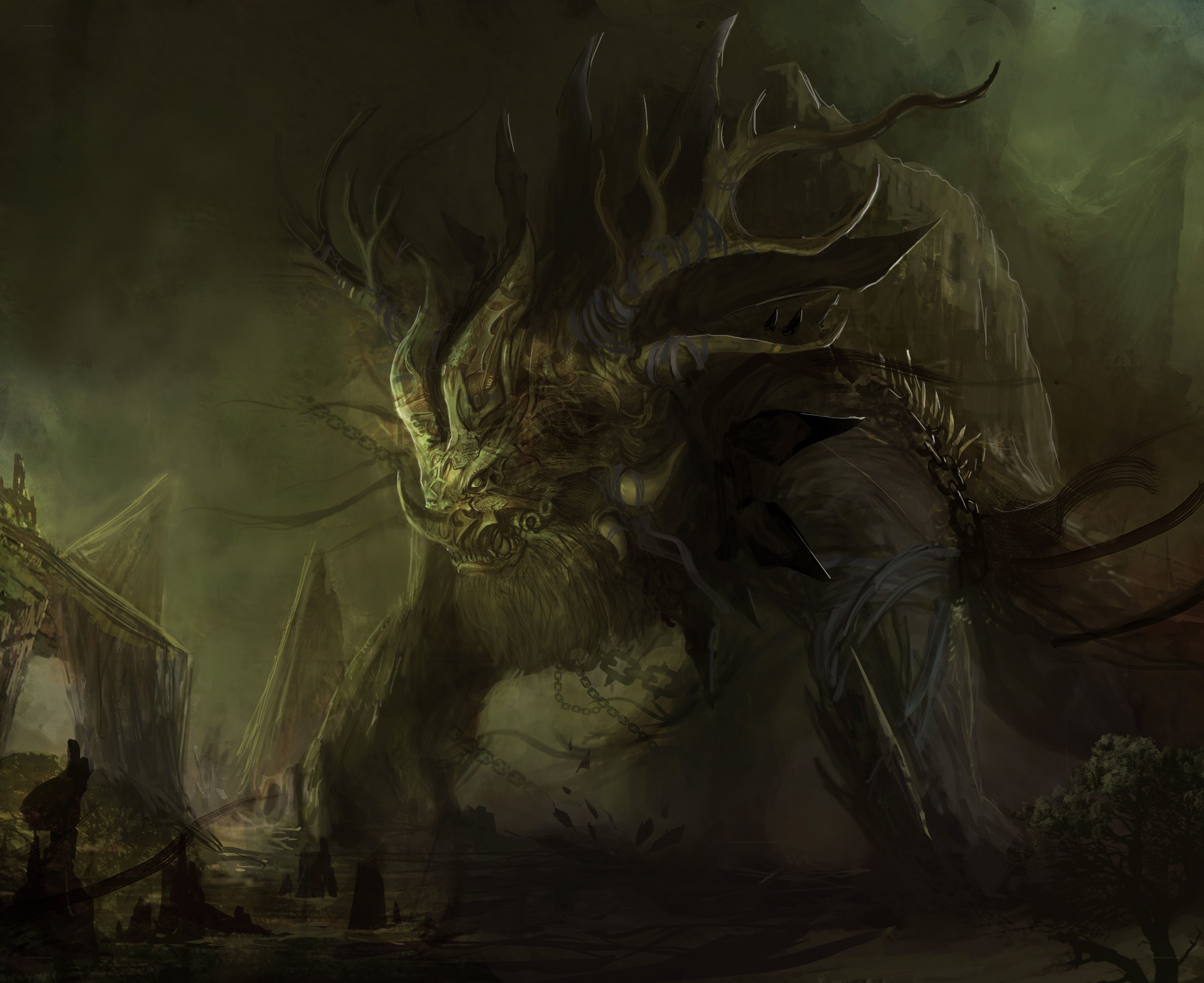giant monster in ruined landscape