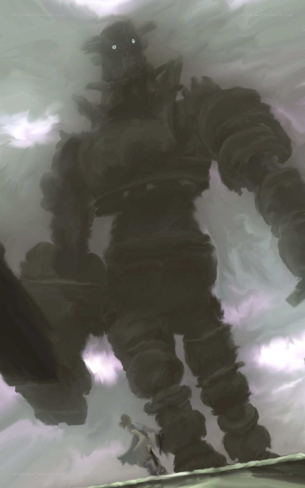 giant monster looms over warrior
