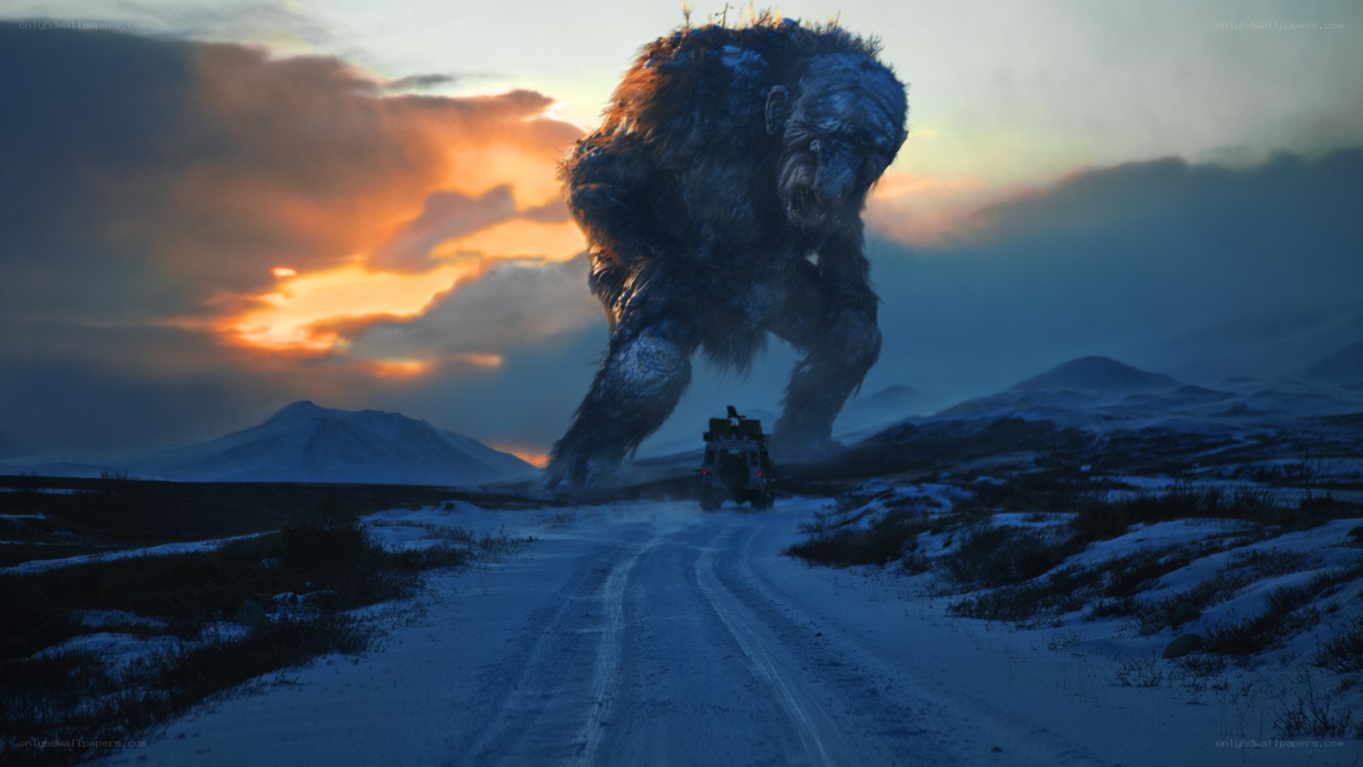 giant monster on snowy road