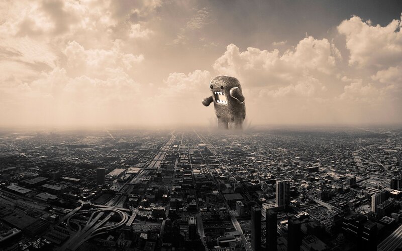 Giant Monster over City — Sepia, Dramatic, Digital Art, Clouds, Monsters