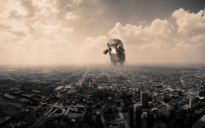 Giant Monster over City — Sepia, Dramatic, Digital Art, Clouds
