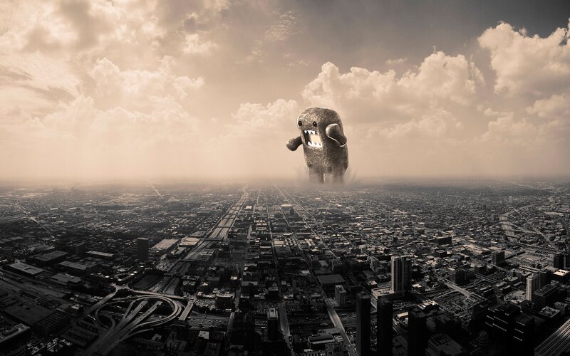 Giant Monster over City — Sepia, Dramatic, Digital Art
