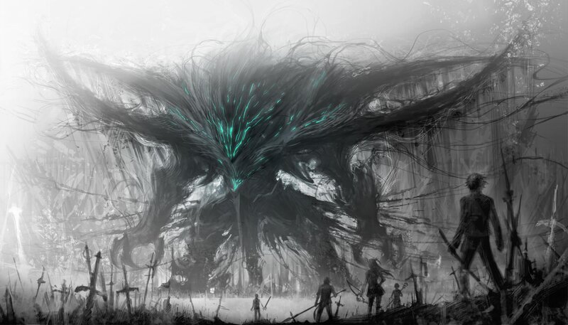 Giant Monster with Glowing Eyes — Black, Dramatic