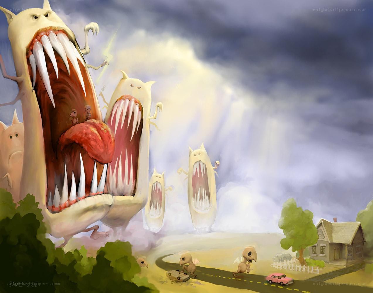 Giant monsters attack town