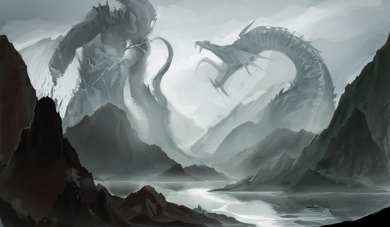 giant monsters in a misty valley