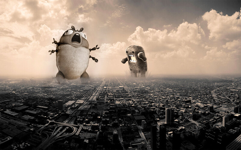 giant monsters over city