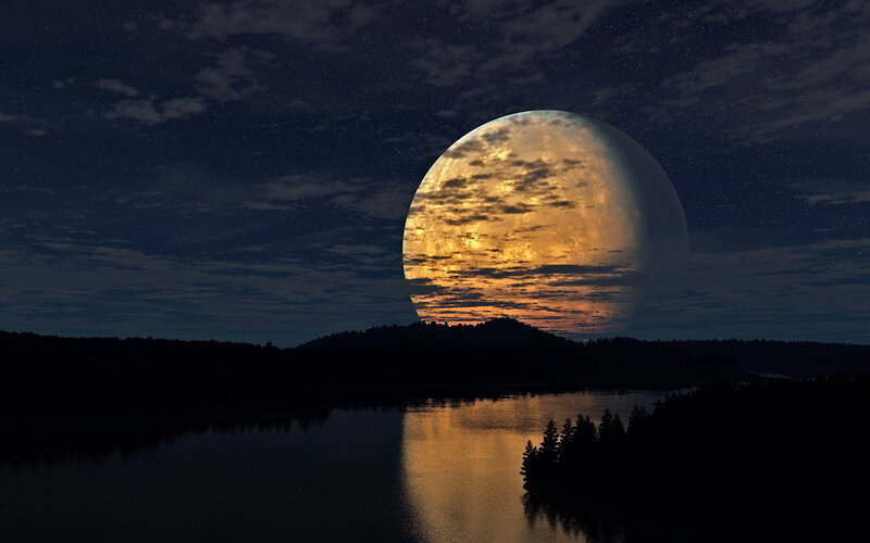Giant Moon over Lake — Black, Dramatic