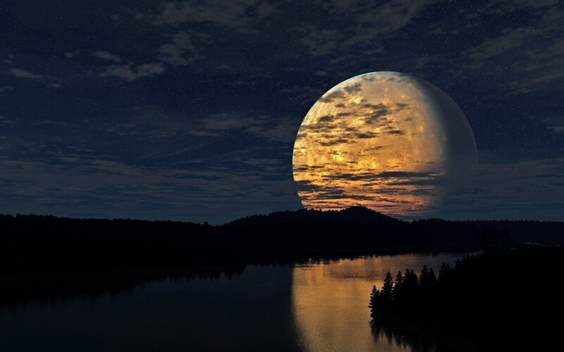 Giant Moon over Lake — Black