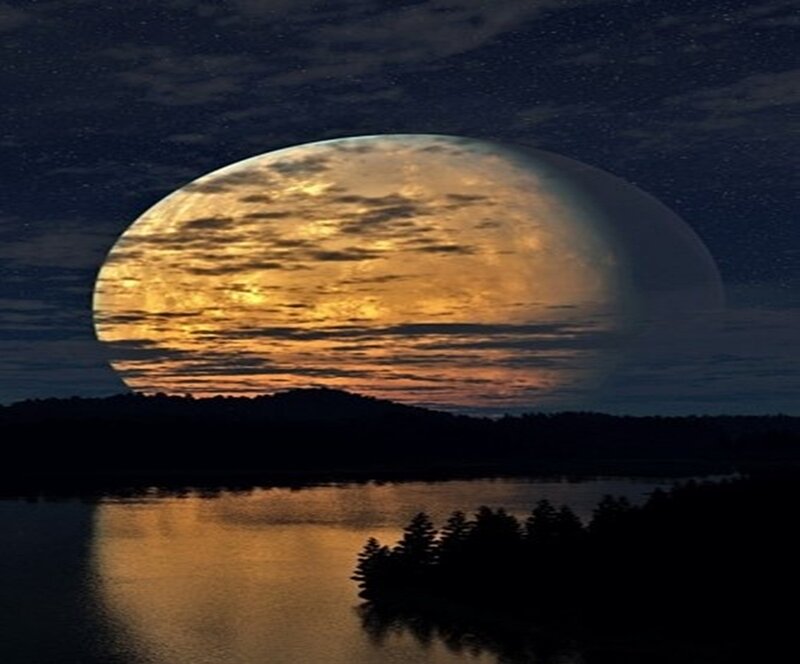 Giant Moon over Lake — Gold