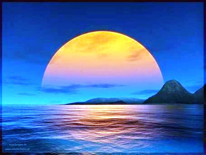 Giant Moon over Water — Blue, Serene, Night, Digital Art