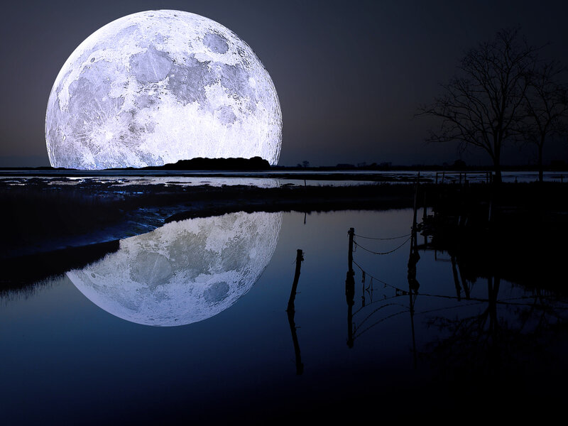 Giant Moon over Water — Blue, Serene, Night