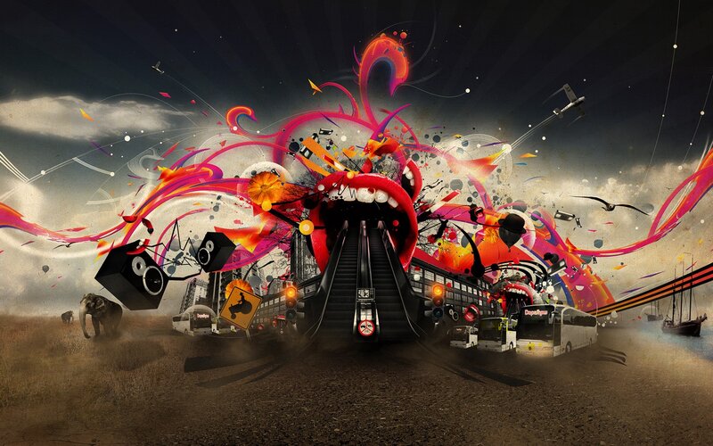 Giant Mouth with Escalator — Red, Chaotic, Digital Art