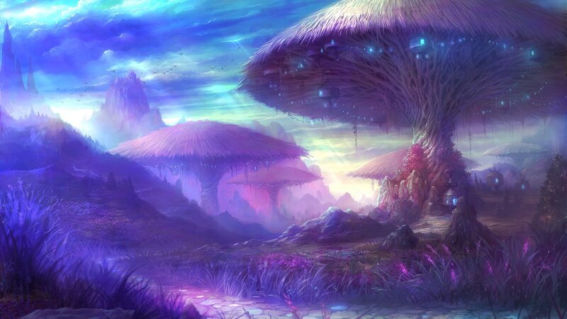 Giant Mushroom Trees — Purple, Fantasy, Sunset
