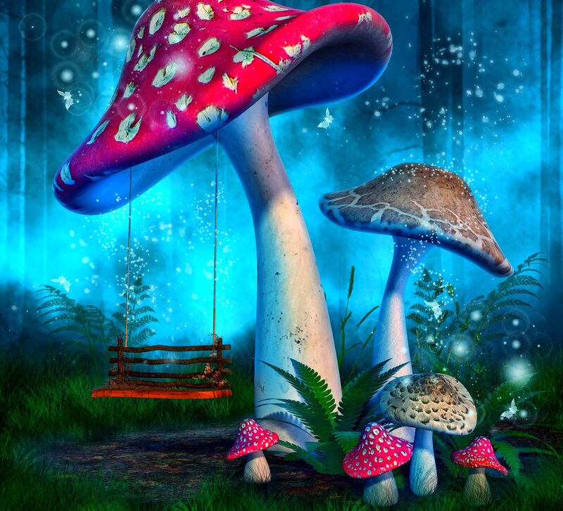 Giant Mushrooms in Forest — Blue