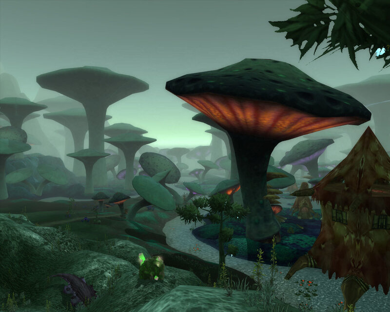 Giant Mushrooms in Forest — Green, Misty