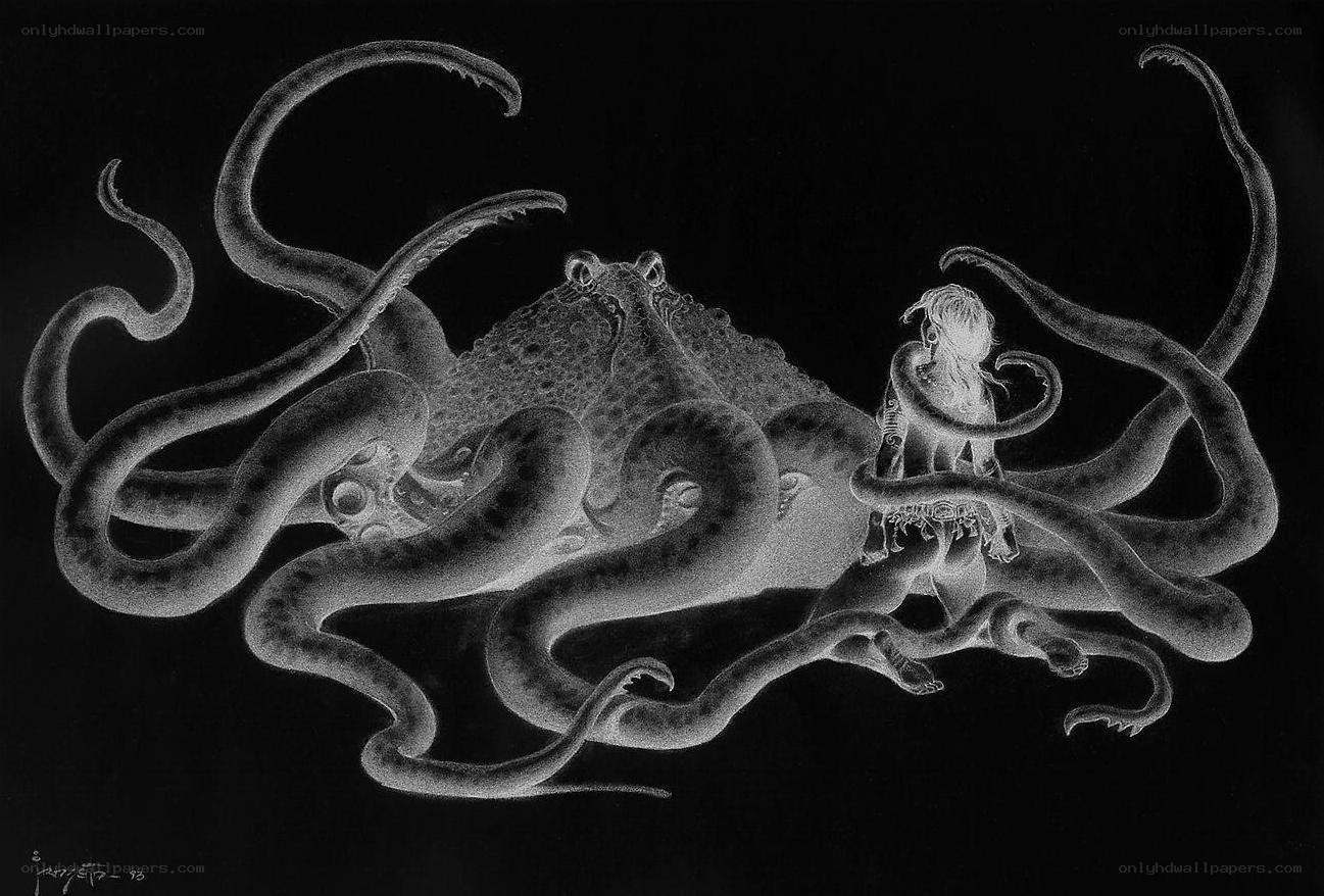 Giant octopus attacking a woman