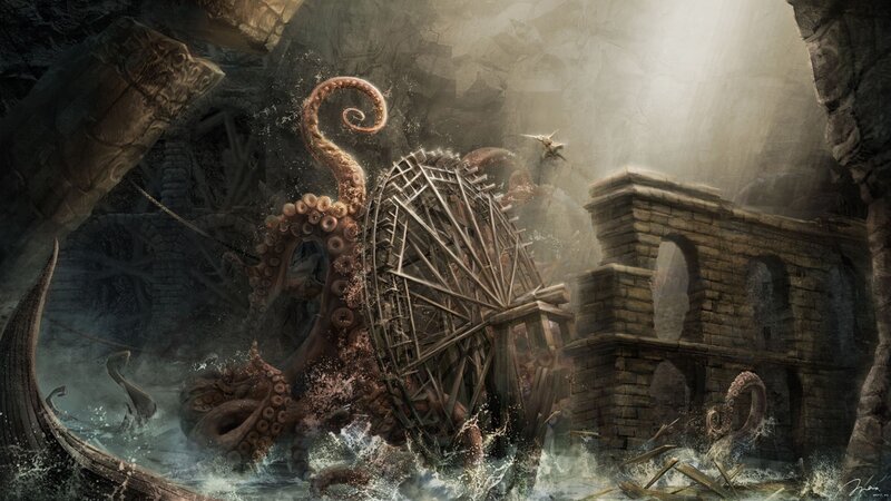 Giant Octopus Attacking Ship — Brown