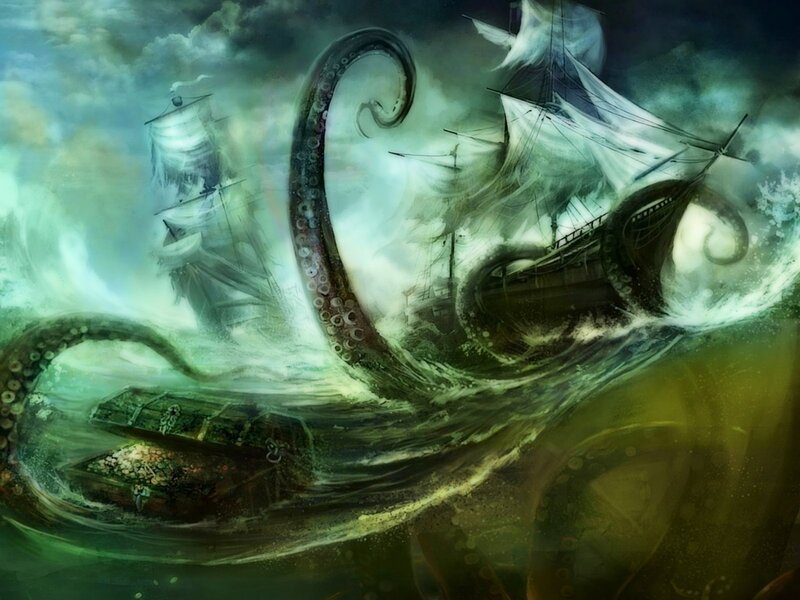 Giant Octopus Attacking Ship — Green, Dramatic, Digital Art, Tentacles, Chest