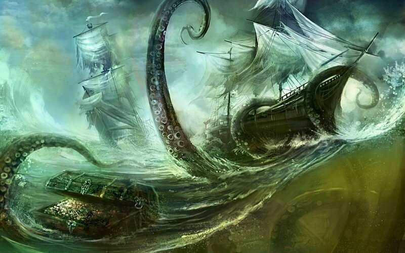 Giant Octopus Attacking Ships — Green, Dramatic