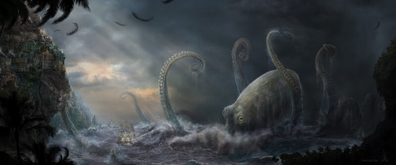 Giant Octopus Attacking Ships