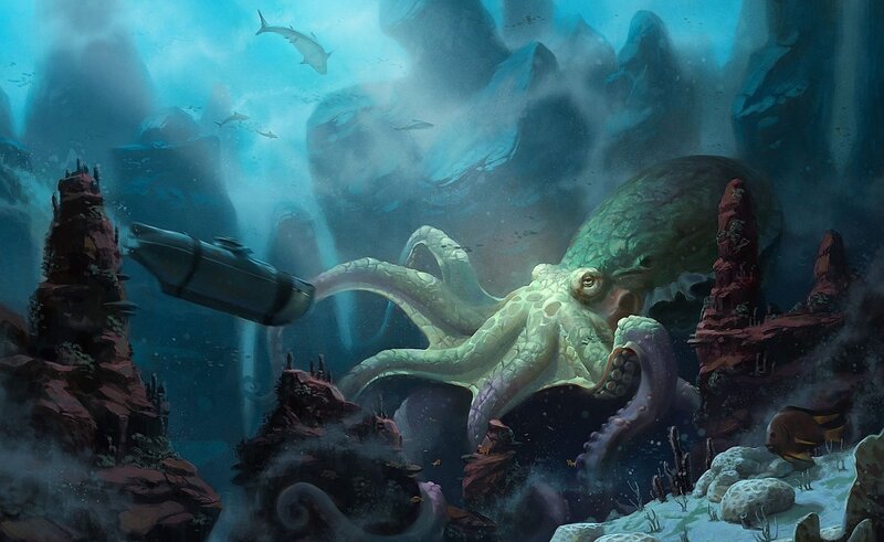 Giant Octopus Attacking Submarine — Blue, Dramatic, Digital Art, Sharks, Rock Formations