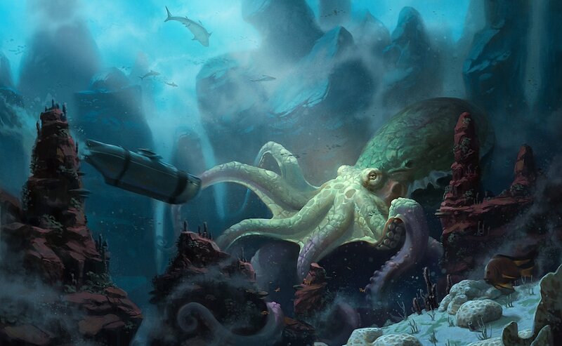 Giant Octopus Attacking Submarine — Blue, Dramatic
