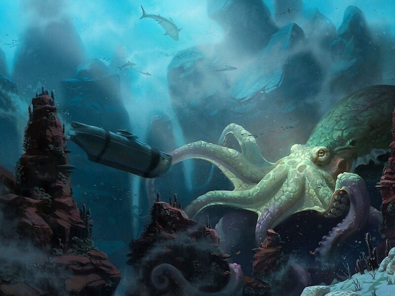 Giant Octopus Attacking Submarine — Blue