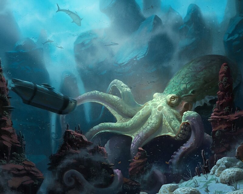 Giant Octopus Attacking Submarine