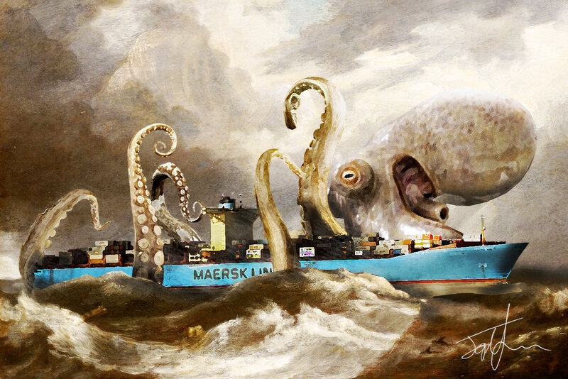 Giant octopus attacks cargo ship