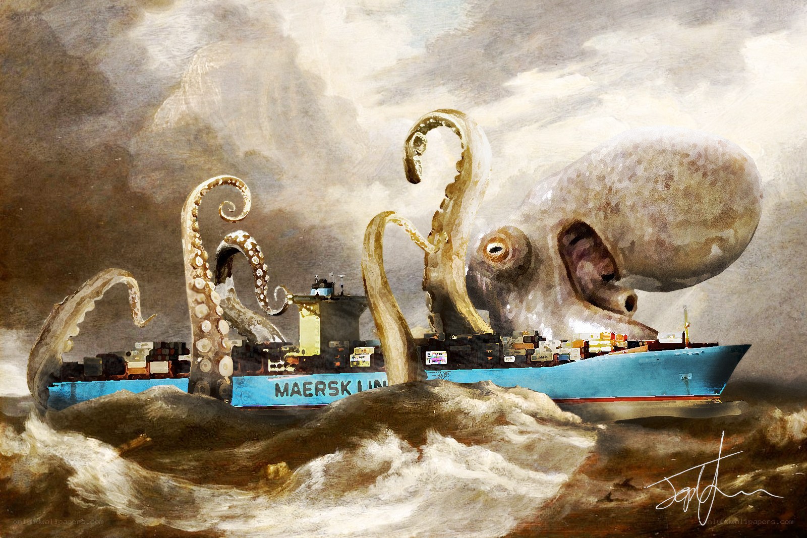 Giant octopus attacks cargo ship