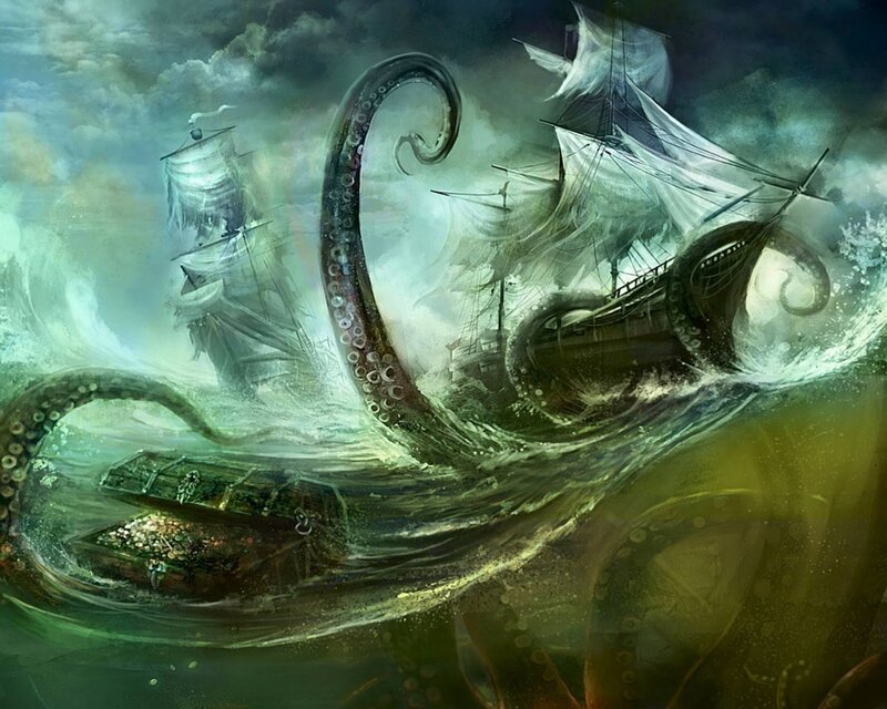 Giant octopus attacks ships