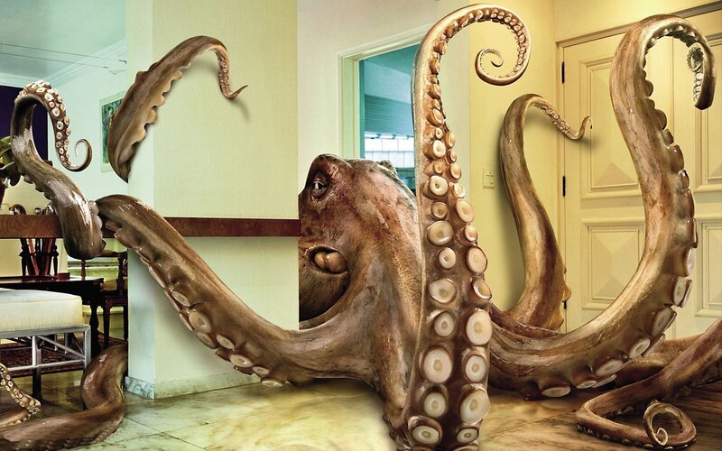 Giant Octopus in Room — Brown, Dramatic, Digital Art, Tentacles, Door, Furniture, Wall