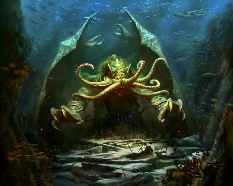 Giant octopus in sunken city