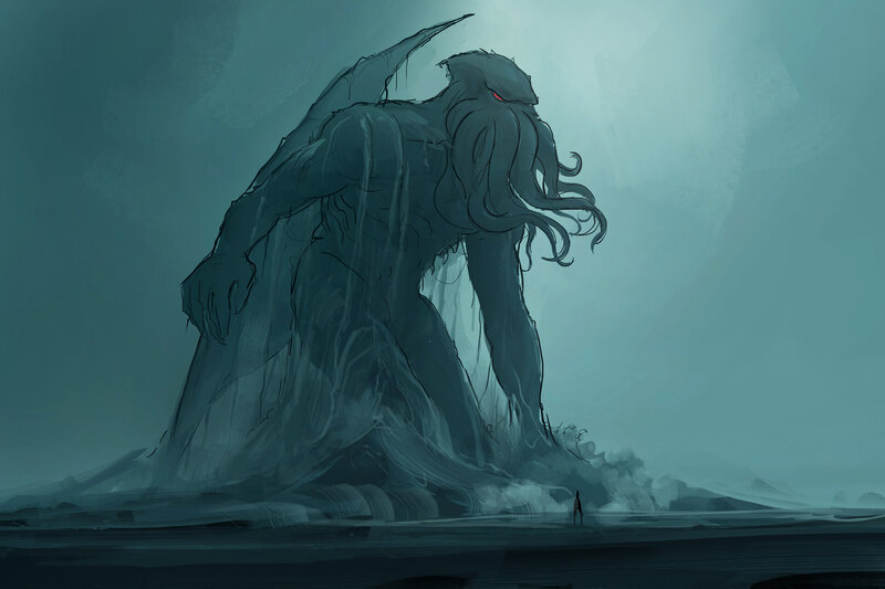 Giant Octopus Monster — Blue, Dramatic, Digital Art