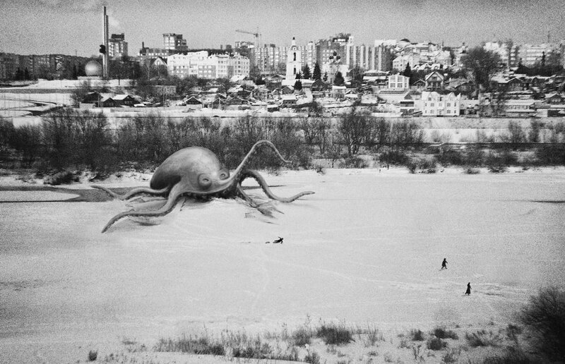 Giant octopus on frozen river