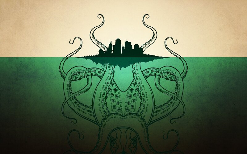 Giant Octopus under City — Green