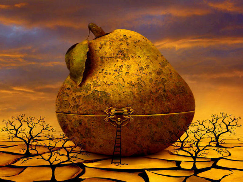 giant pear in a barren landscape