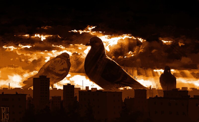 Giant Pigeons over City