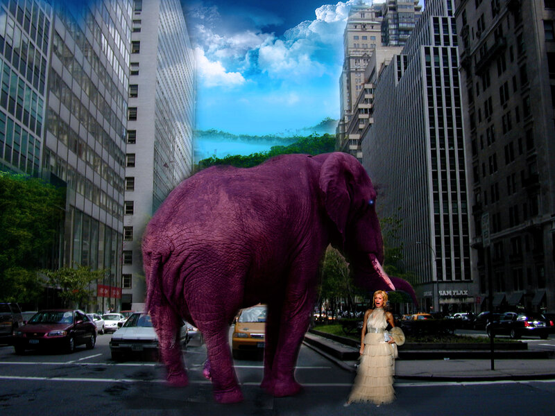 Giant purple elephant in city