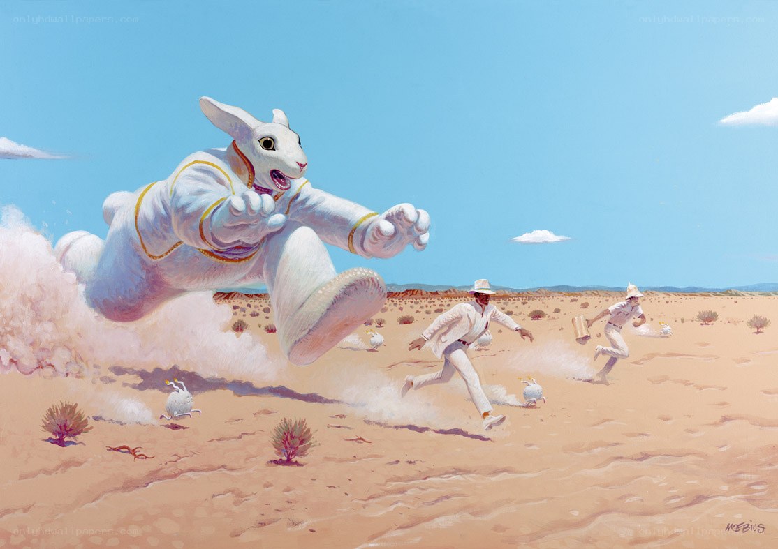 giant rabbit chasing men