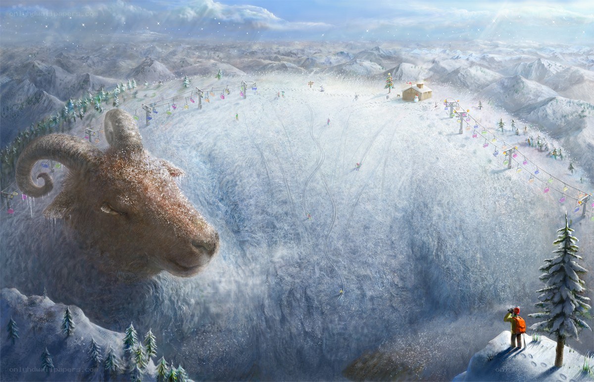 Giant ram in snowy landscape