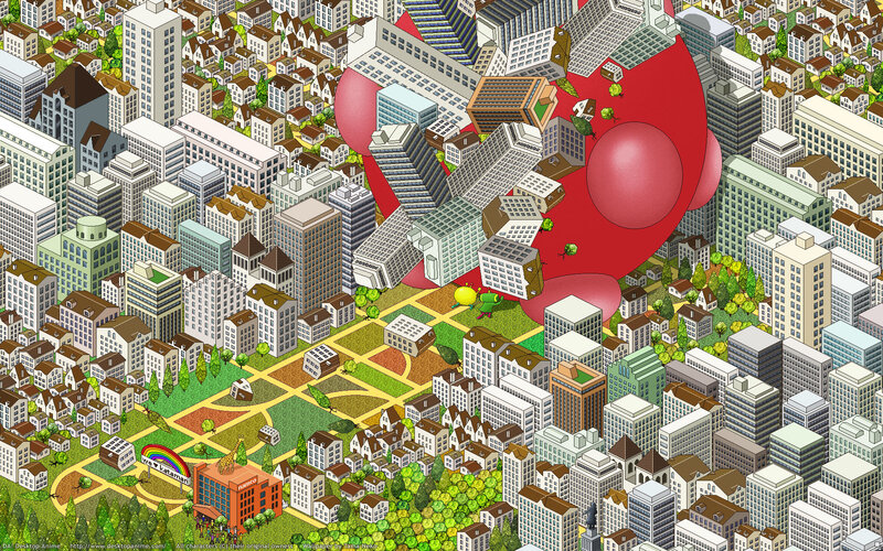 Giant red creature in city